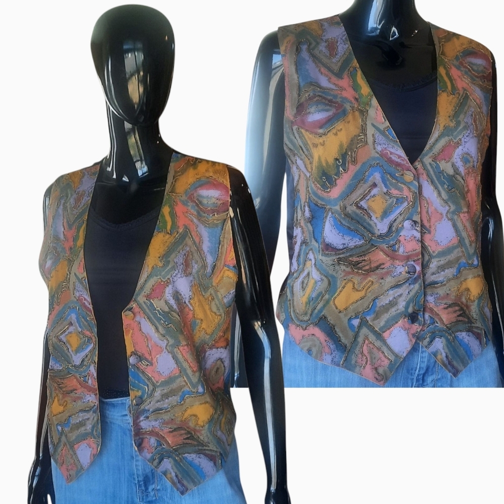 Vintage 90s Abstract Print Beaded Vest by Creazioni Effect | Size Medium